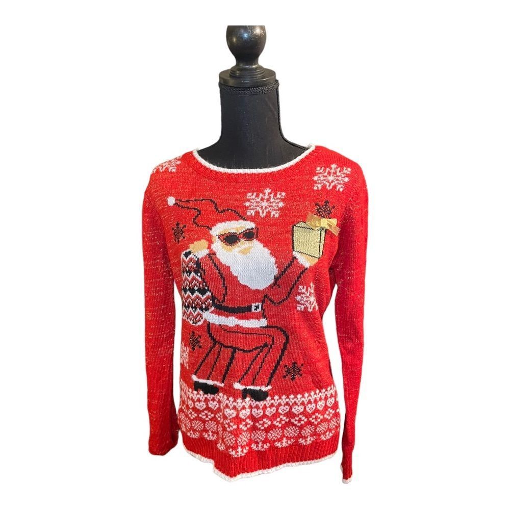 Trendy Ms. Claus Red Metallic Sparkling Christmas Sweater